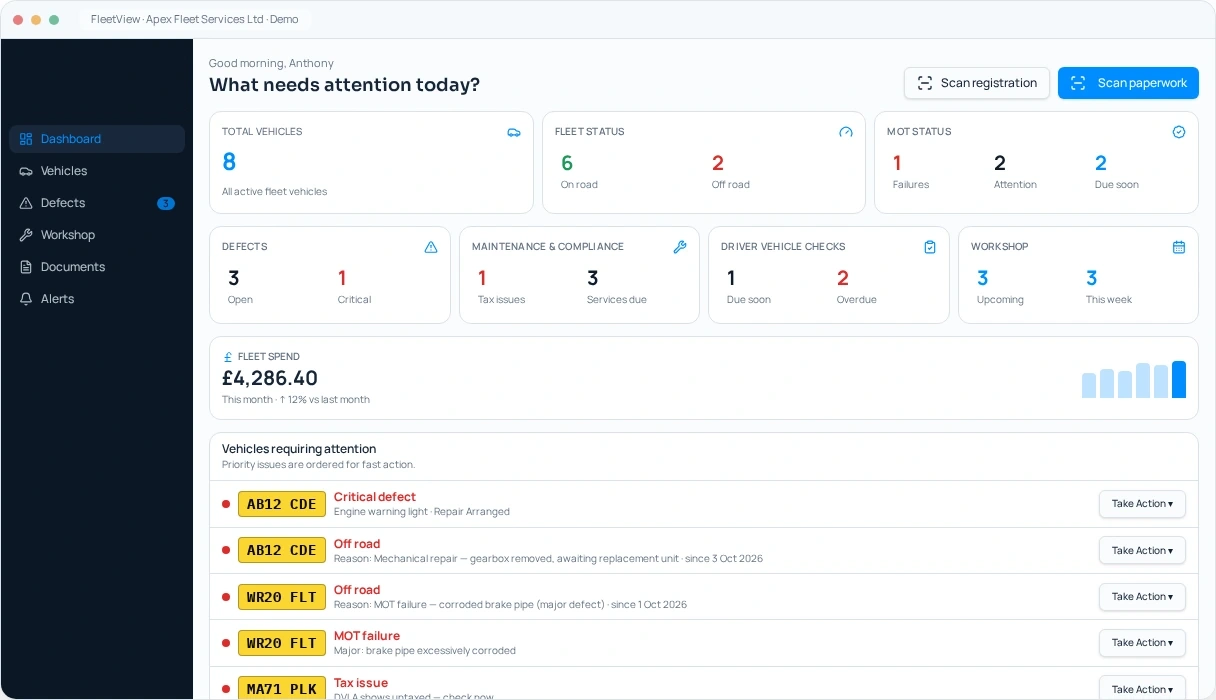 FleetView administrator dashboard with the existing sidebar, fleet status, MOT alerts, defects, maintenance and driver checks; fictional demo fleet
