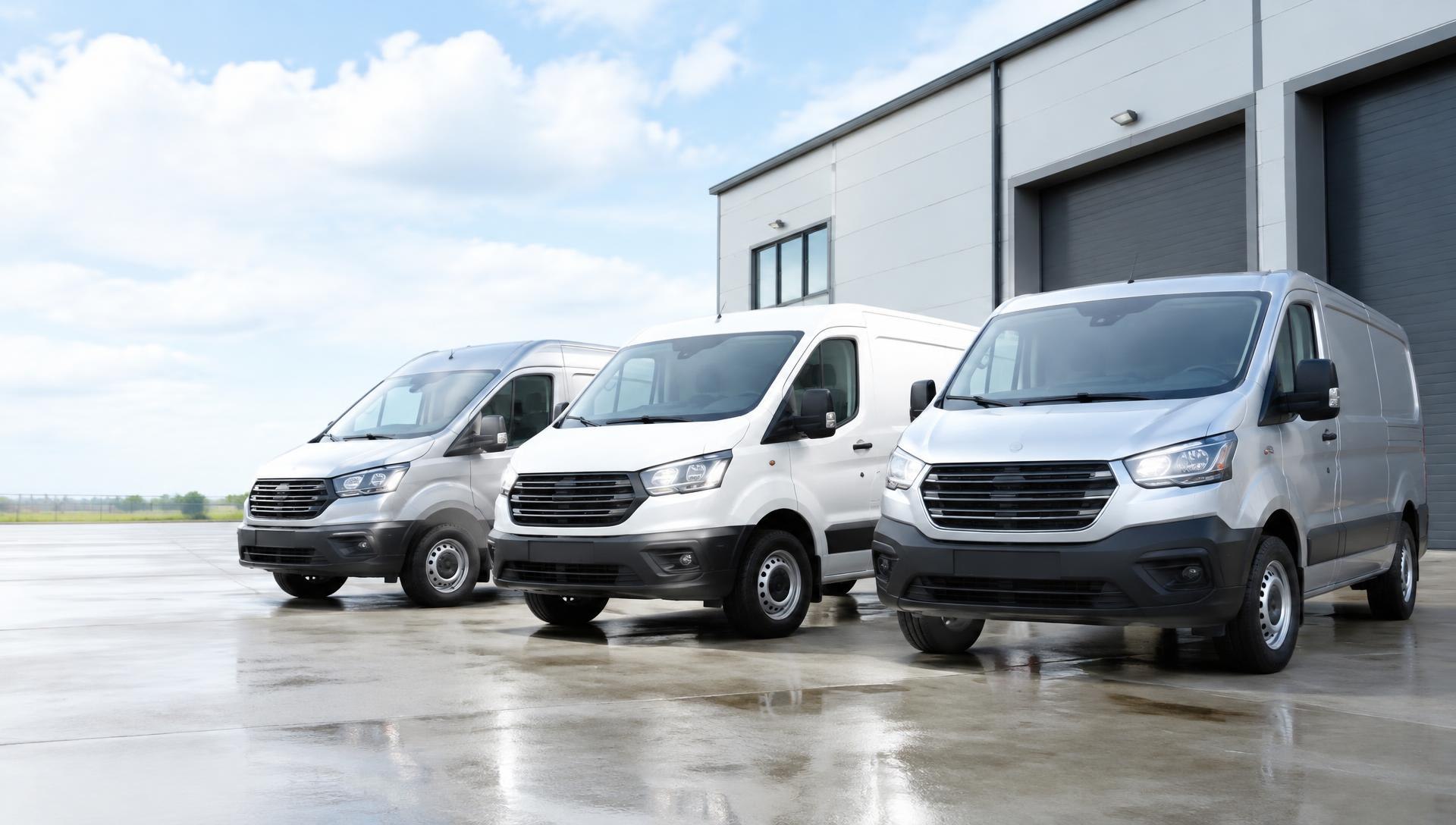 Fleet of commercial vans parked at a depot